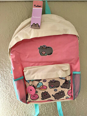 Pusheen Cat Donuts Zipper Backpack with Front Pocket and Donut Charm Pink &